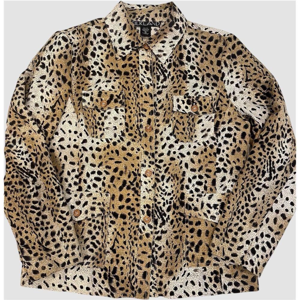 SILKLAND 100% Silk Women' s Med Leopard Animal Print Button Jacket Lightweight